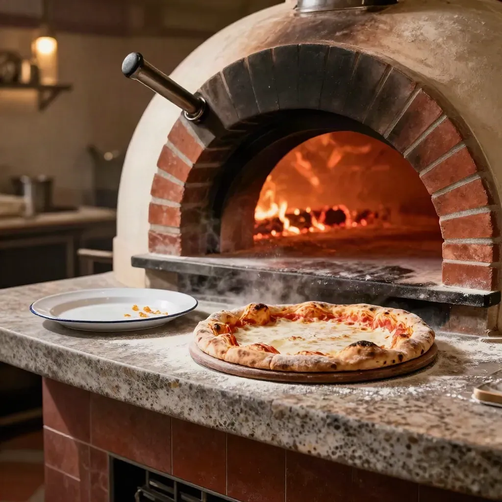 Forno storico con pizza che cuoce, pala di legno, farina nell’aria e piatto smaltato
