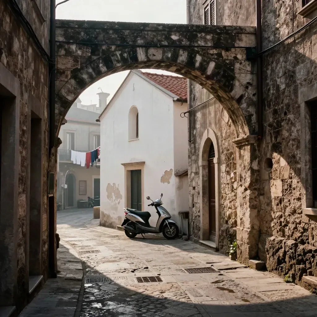Vicolo del centro storico con arco antico, chiesa, scooter e raggio di sole tra le ombre.