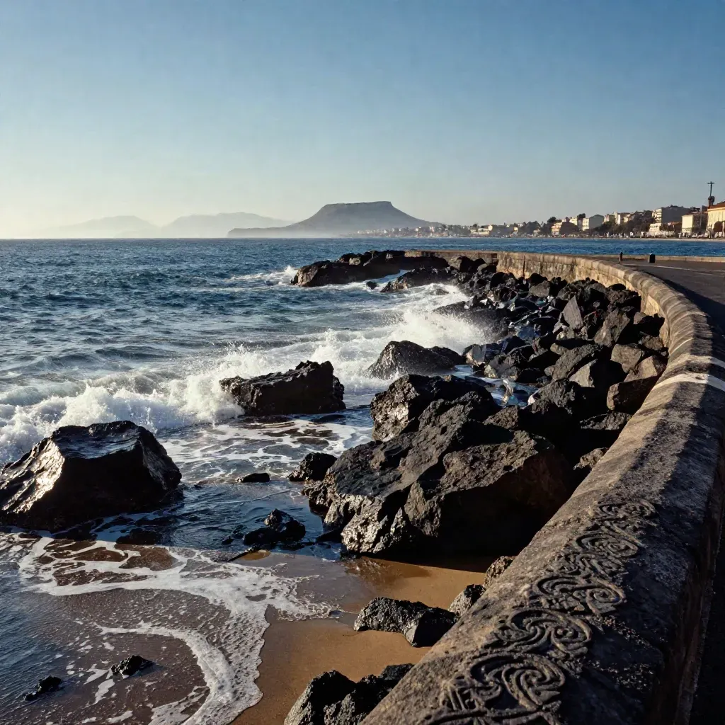 Scogliera sul lungomare di Napoli con onde in rottura e Castel dell’Ovo lontano.
