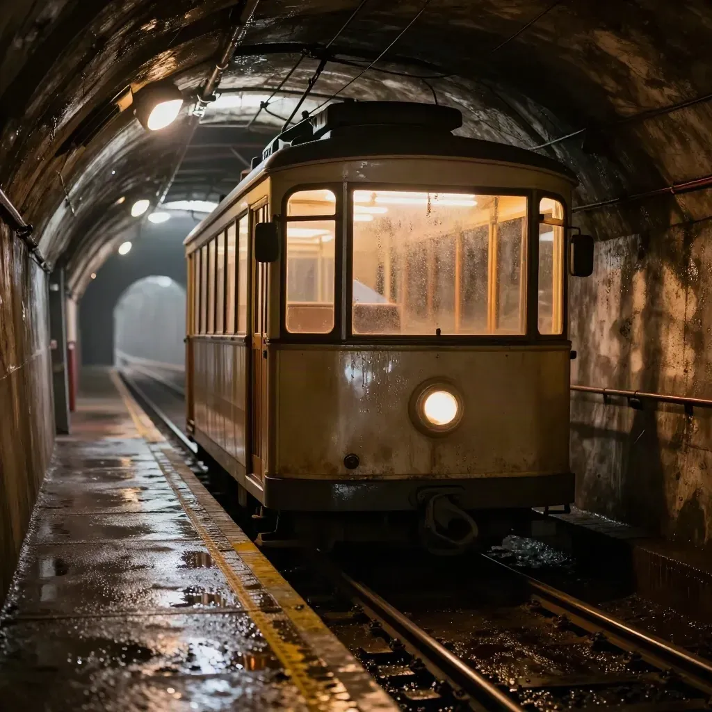 Cabina della funicolare vuota nel tunnel, umidità e luce calda di stazione