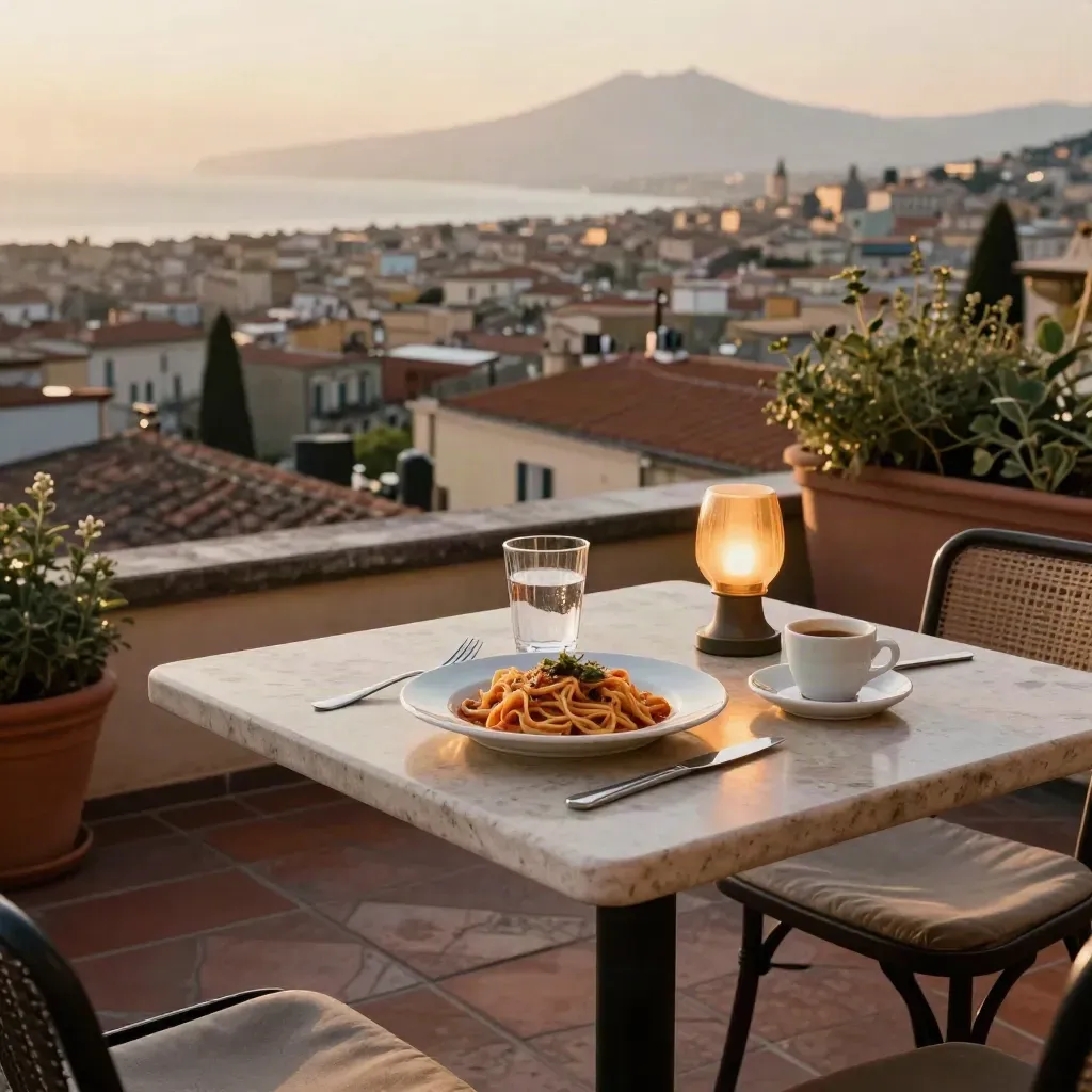 Terrazza napoletana con pranzo, espresso e lampada accesa sulla città.