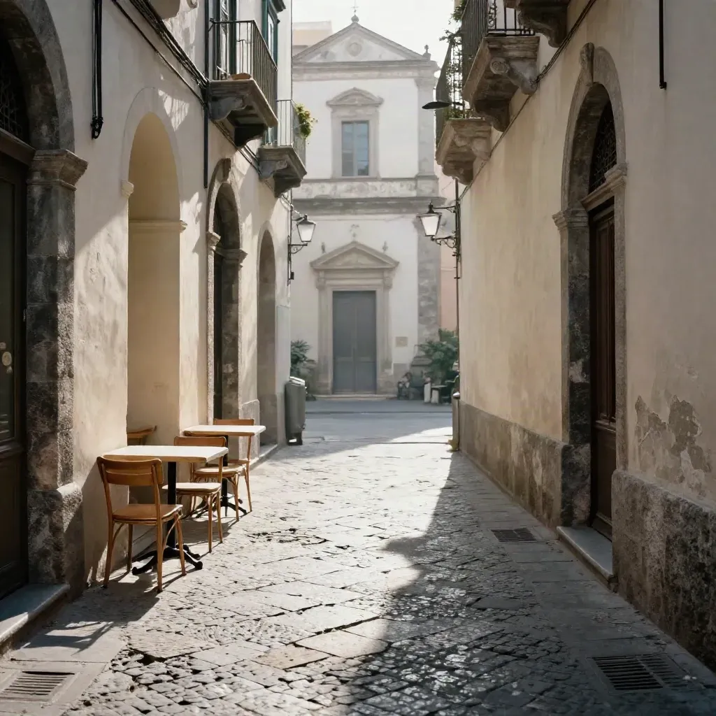Vicolo napoletano con chiesa, tavolini vuoti e luce del mattino sui lastricati