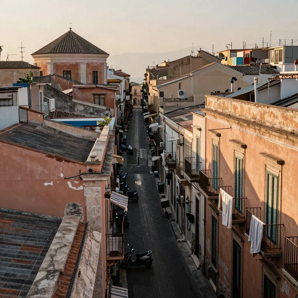 Vista obliqua dall'alto di Spaccanapoli con balconi, panni stesi, cupola e motorini tra i palazzi.