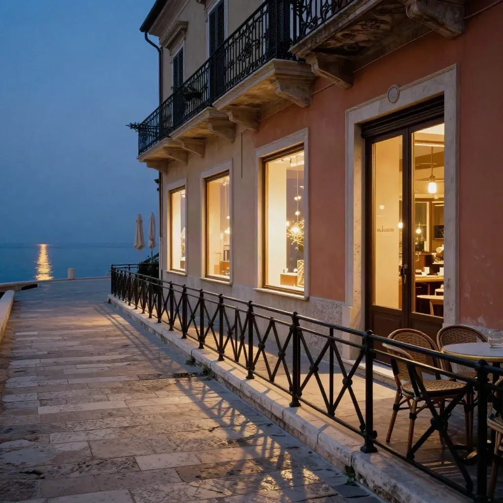 Vetrine eleganti e ringhiera sul mare a Chiaia, con pavé bagnato e riflessi del tramonto.