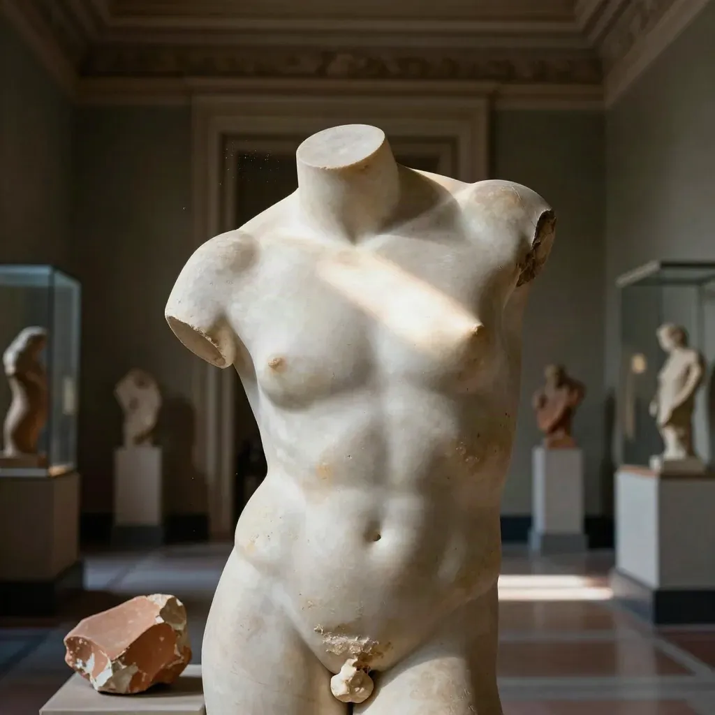 Torso marmoreo al museo con frammenti in terracotta, illuminato da un raggio radente