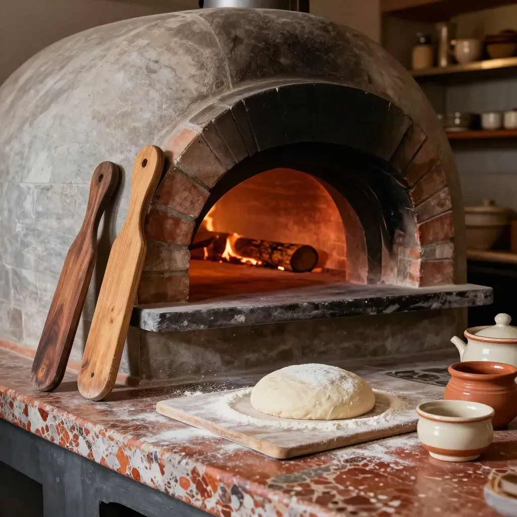 Forno antico di pizzeria con brace, pale, impasto infarinato e ceramiche in terracotta