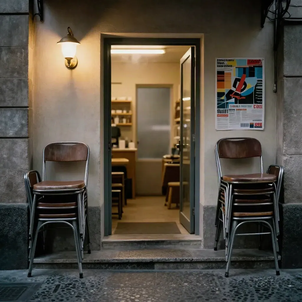 Ingresso serale di uno spazio culturale con lampade calde, locandine sfocate e sedie impilate.
