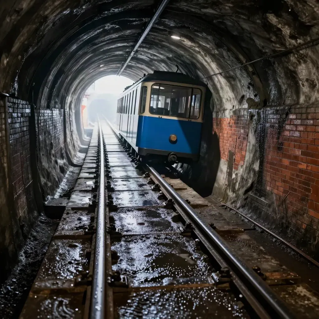 Interno della funicolare in salita nel tunnel, binari bagnati e luce in cima