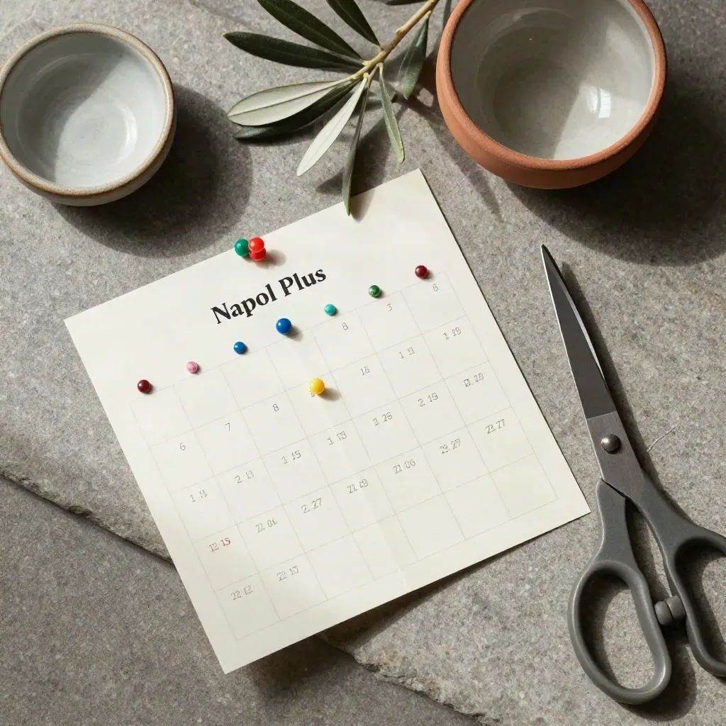Calendario pieghevole con spilli, forbici, ulivo e ciotola su pietra opaca.