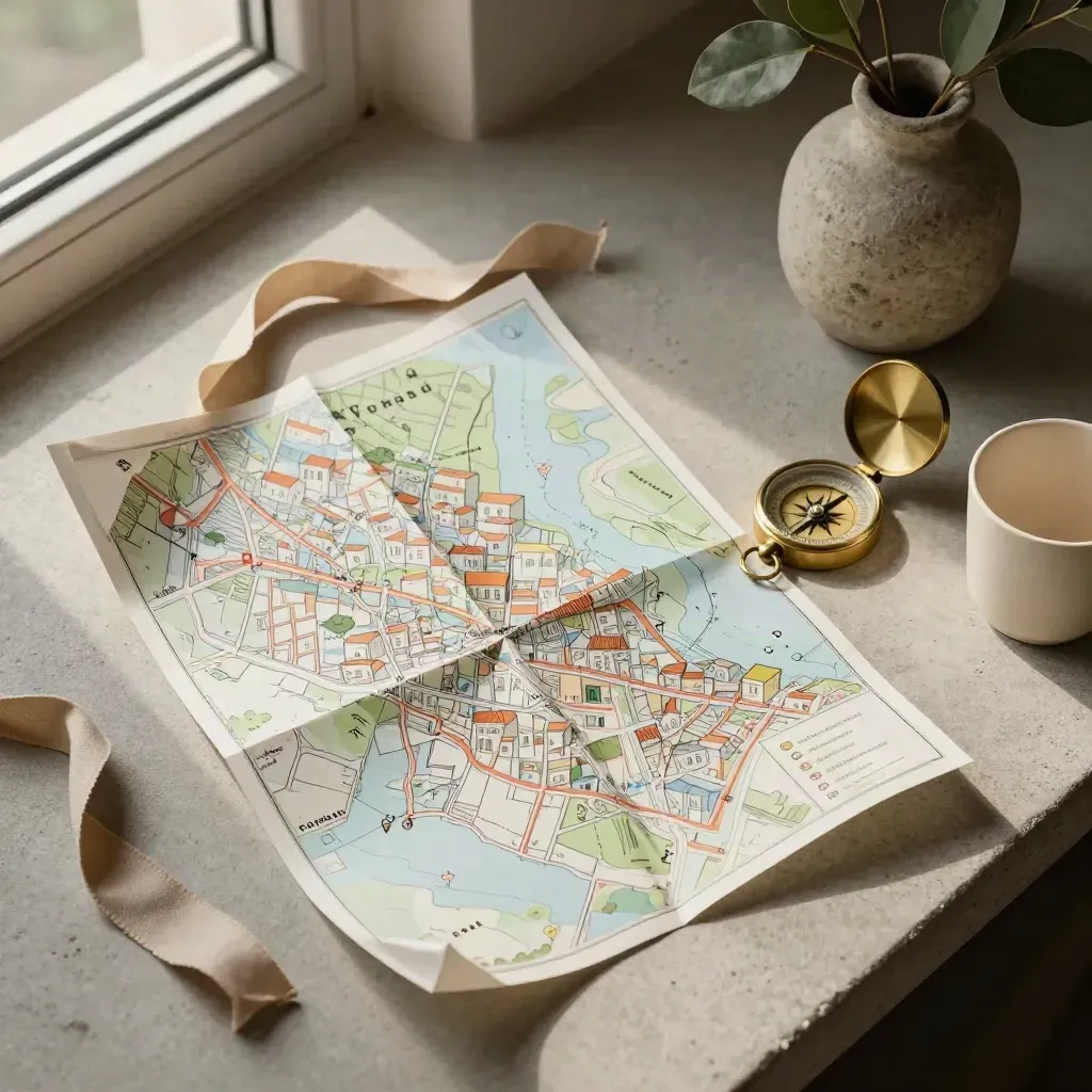 Mappa piegata dei quartieri di Napoli con bussola, nastro di lino, vaso e tazza su pietra.