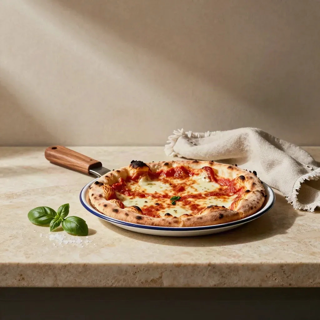 Piatto smaltato con fetta di margherita, pala mini, basilico e sale su lino grezzo.