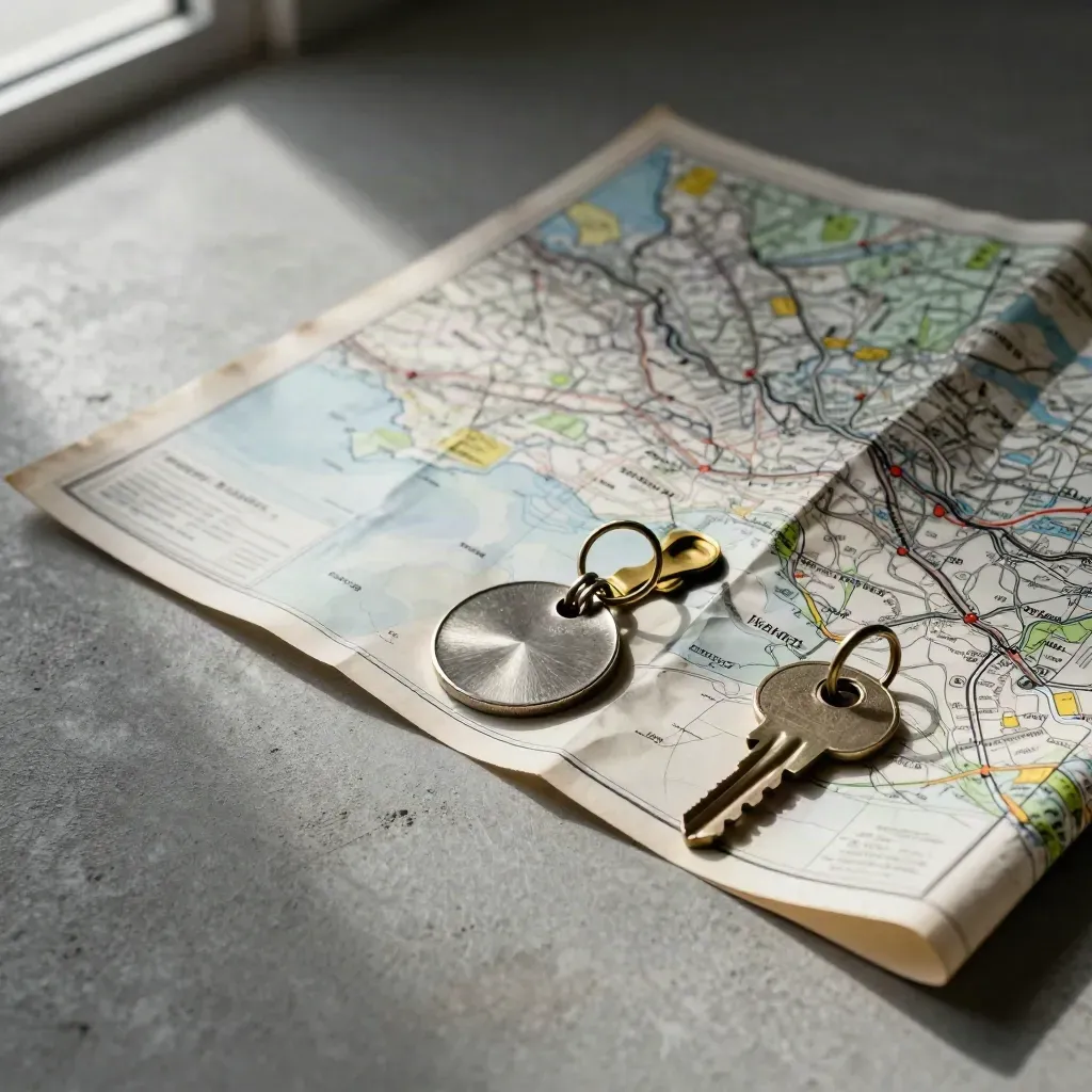 Mappa piegata dei trasporti con gettone metallico, clip in ottone e chiave su cemento chiaro.