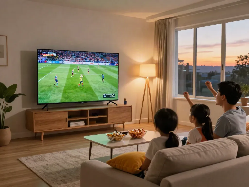 Miglior IPTV family viewing experience in a cozy living room with vibrant soccer match on smart TV.
