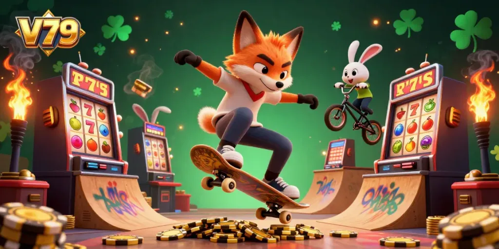 "V79" offers a lively gambling atmosphere with a fox skateboarder and BMX rabbit, surrounded by colorful slots and symbols.