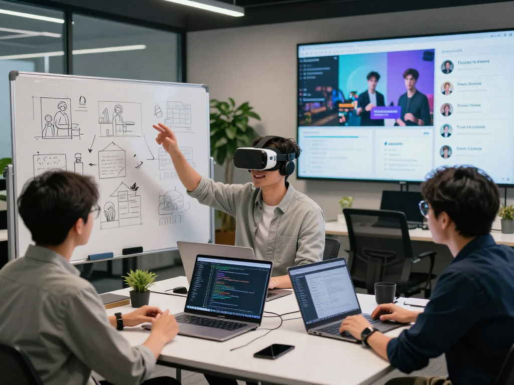 Innovative workspace showcasing AI roleplay development with tech professionals collaborating on code and simulations.