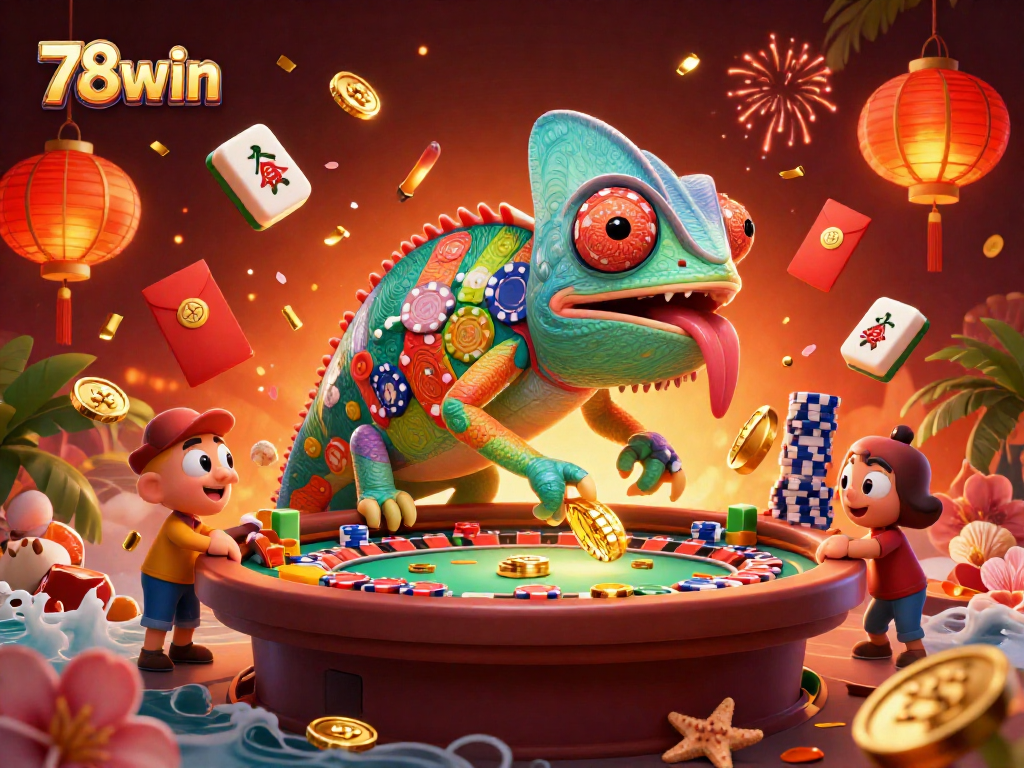 Experience 78win's vibrant casino fun with a chameleon masterfully eyeing games and snatching winning coins.