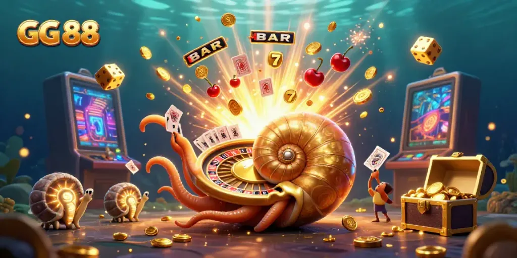 Engage with GG 88 as a 3D nautilus roulette wheel combines excitement and fortune within a vibrant casino scene.