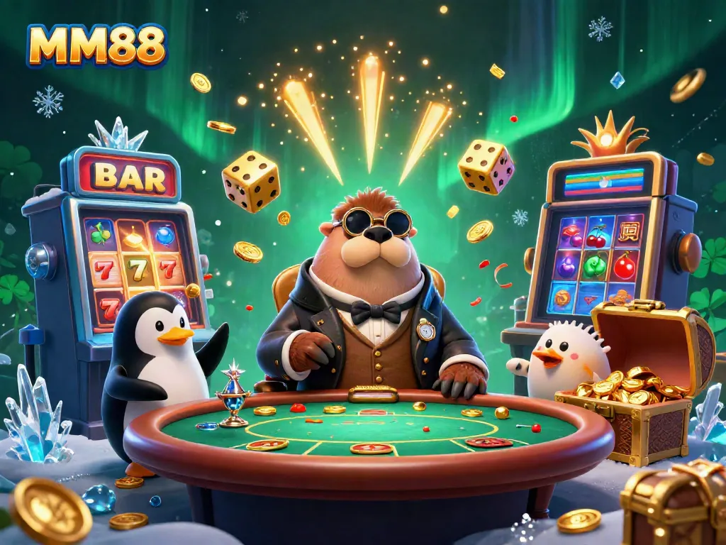 Experience the thrill of MM88 with a walrus gambler at a vibrant underwater casino table.