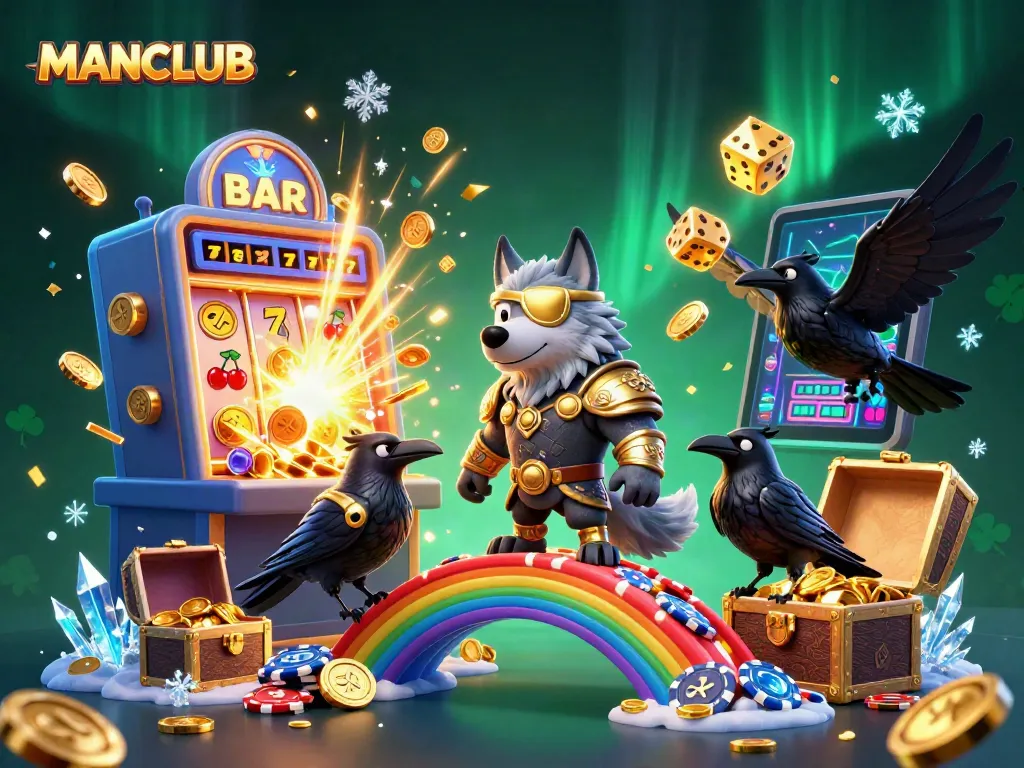 Experience the thrill of MANCLUB at a vibrant casino scene with Odin and his ravens amidst a jackpot explosion.