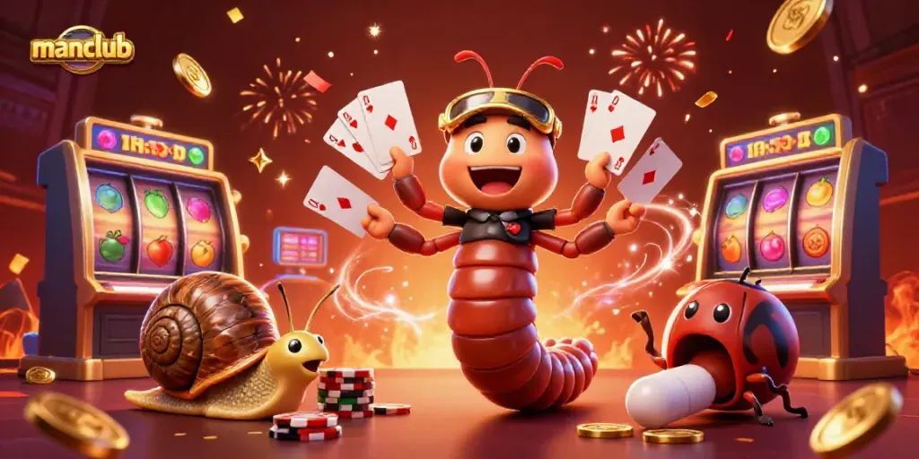 Experience manclub with an exciting casino scene featuring a cartoon dealer and vibrant game elements.