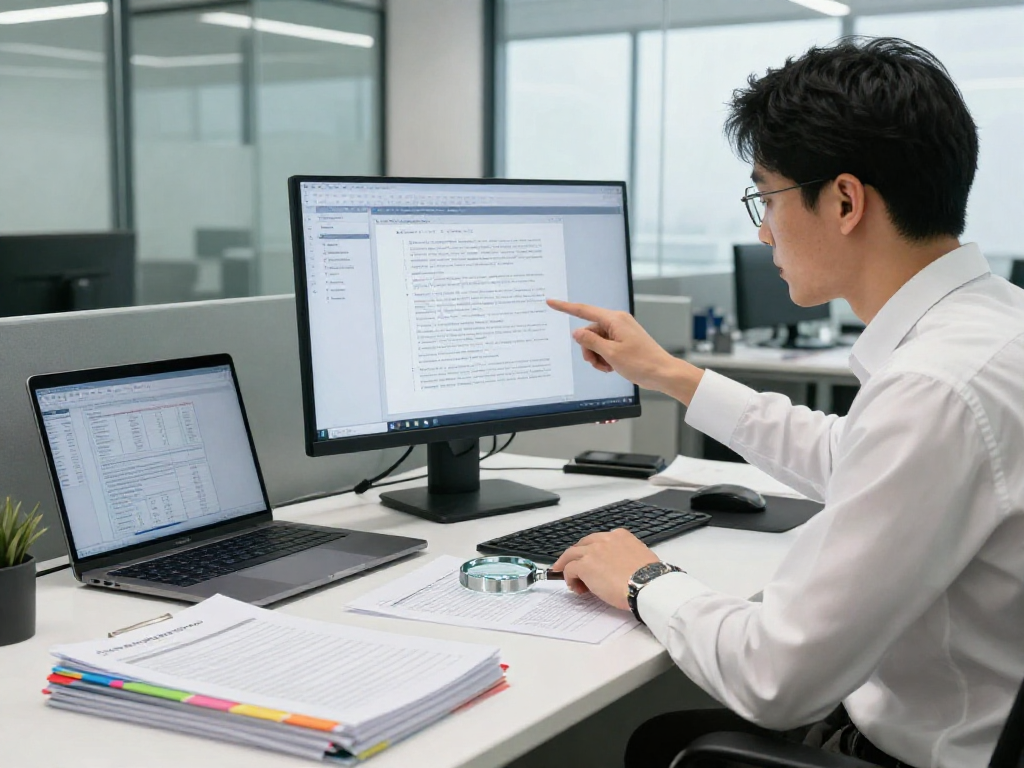 Document fraud detection analysis setup with analyst reviewing digital files and printed documents.