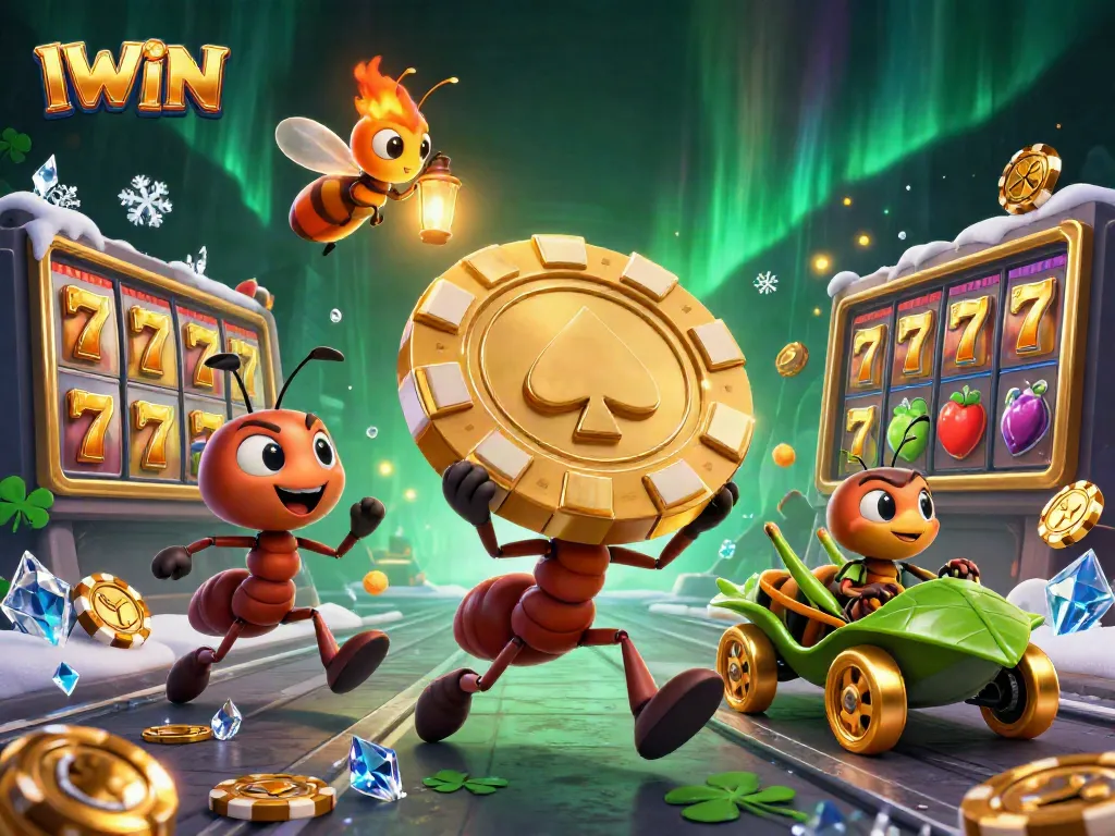 Engage with IWIN's vibrant casino heist scene featuring playful ants and magical creatures.
