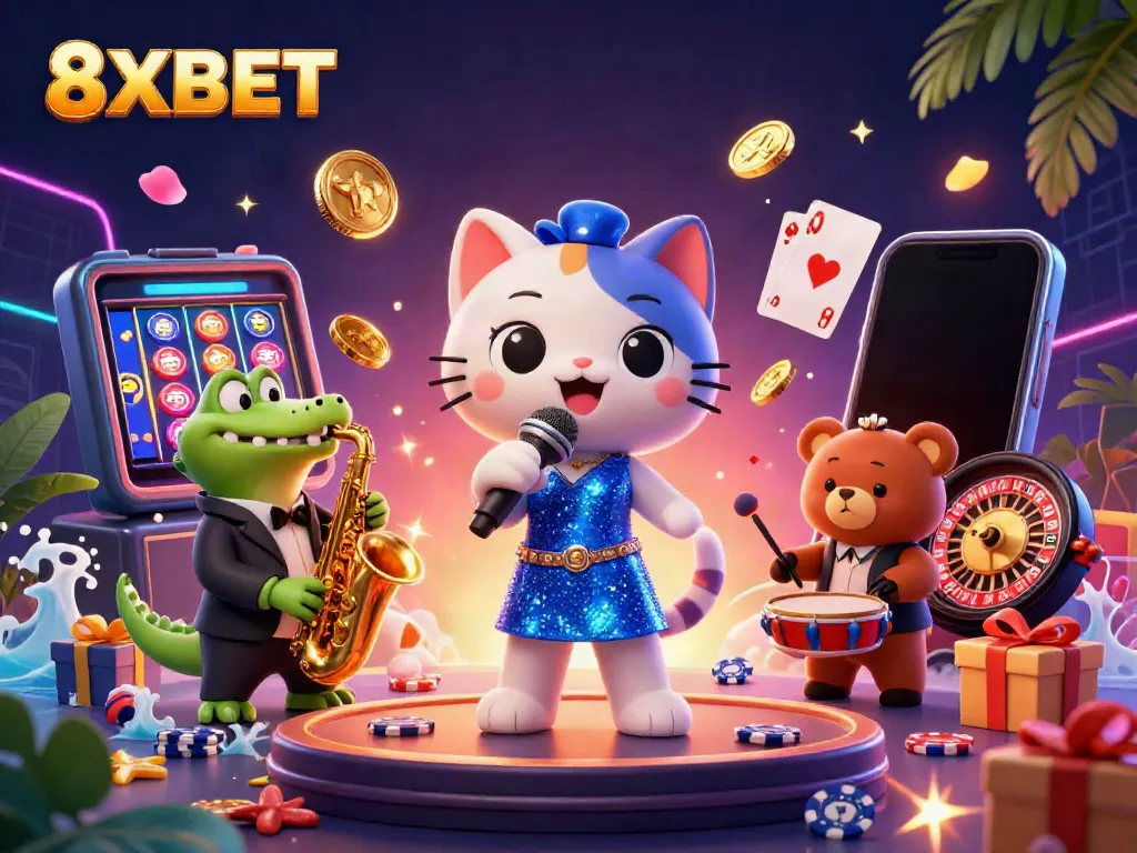 Exciting scene featuring 8XBET animating a vibrant casino atmosphere with characters performing amid slot game elements.