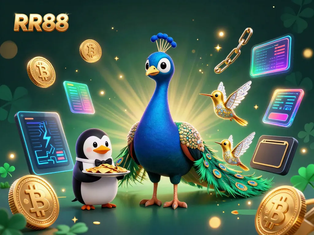 Experience RR88's vibrant casino energy with a peacock and penguin in an engaging 3D scene.