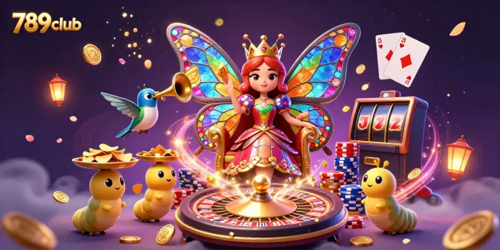 Experience the vibrant world of 789club with a dazzling 3D illustration of a butterfly queen amidst casino treasures and dynamic game elements.