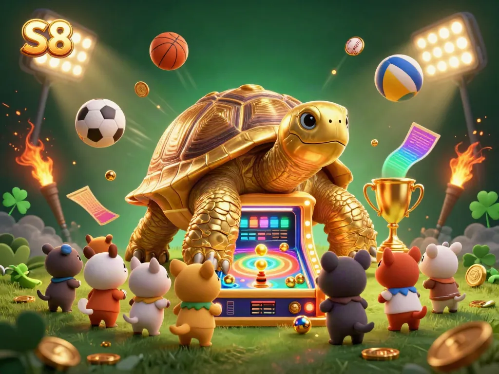 Engaging scene of players celebrating wins at S8, featuring golden tortoise pinball machine and dynamic sports elements.