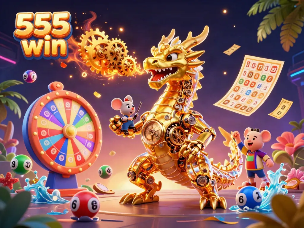 Experience the thrilling atmosphere of 555 win with a golden dragon and vibrant lotter balls in a dynamic casino scene.