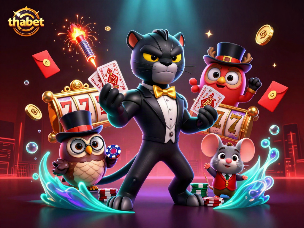 Experience thrilling gaming action with thabet as the stylish panther deals cards surrounded by vibrant casino elements.