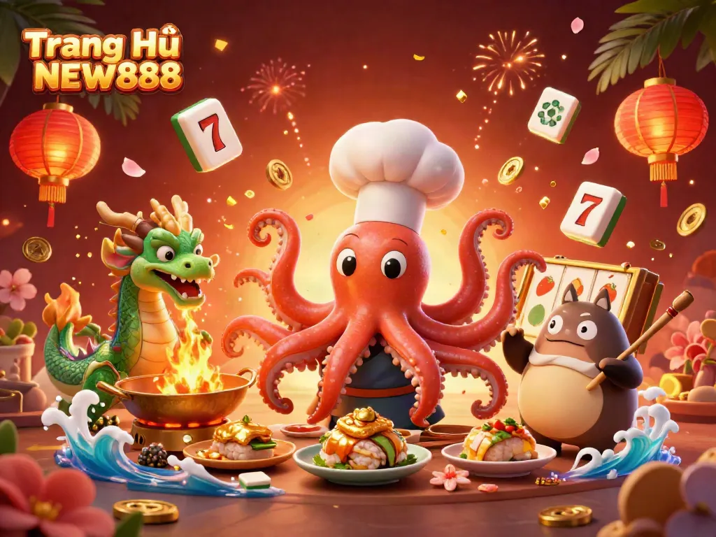Experience the vibrant atmosphere of Trang Chủ NEW888 through dynamic casino gaming elements and colorful characters.