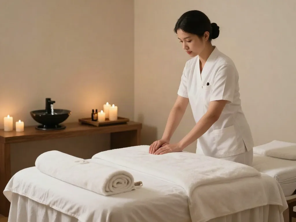 Serene spa environment showcasing a massage setup for 부천출장안마 with soothing decor and calming lighting.