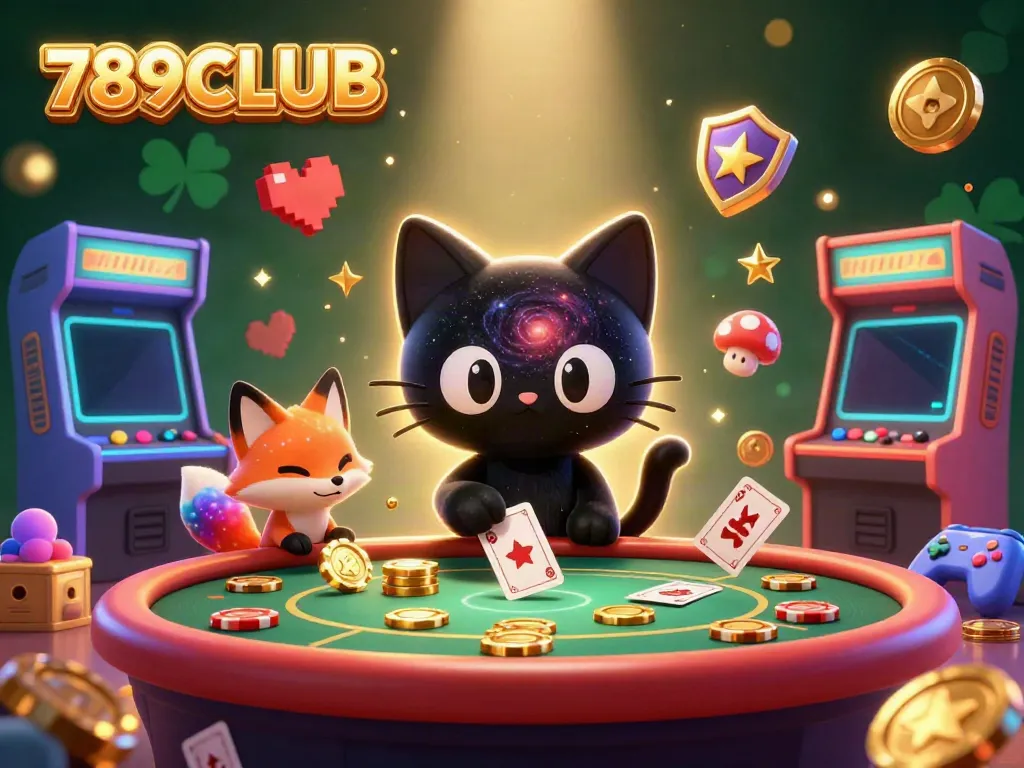 Engage in exciting 789CLUB casino gameplay with a whimsical black hole cat and colorful fox amidst vibrant gaming elements.