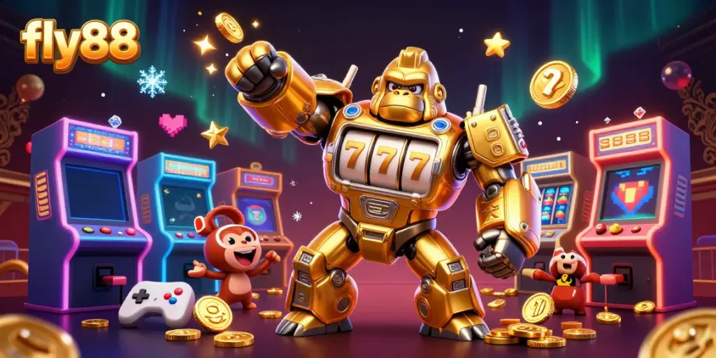 Experience the excitement of fly88 with a dynamic illustration of a golden gorilla mech and arcade elements.