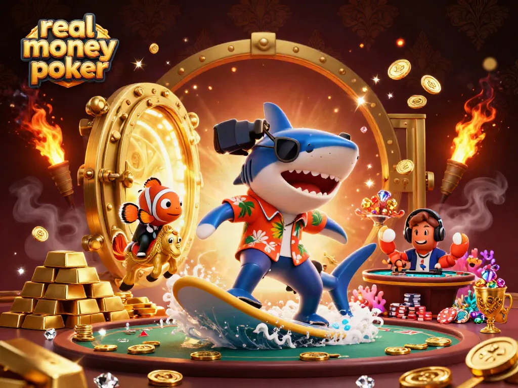 Experience the excitement of real money poker with a vibrant underwater scene filled with characters and treasures.