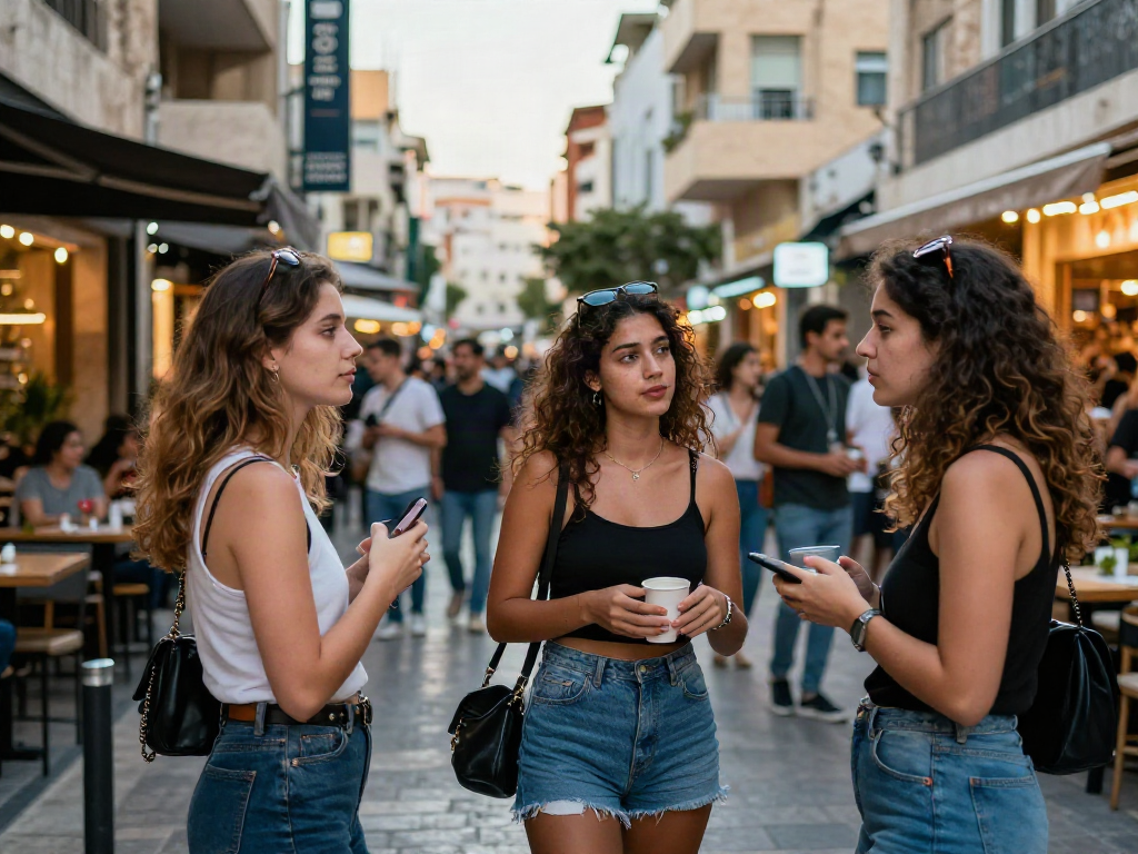Attractive women in Northern Israel engaging with clients in a lively urban setting.