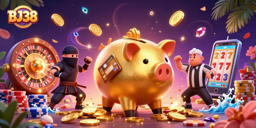 BJ38 showcases an exciting gaming scene with vibrant characters, golden coins, and slot reels in action.