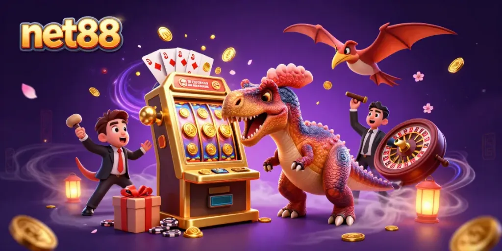 Engage with exciting casino action as net88 delivers a thrilling jackpot scene featuring a dinosaur and slot machine.