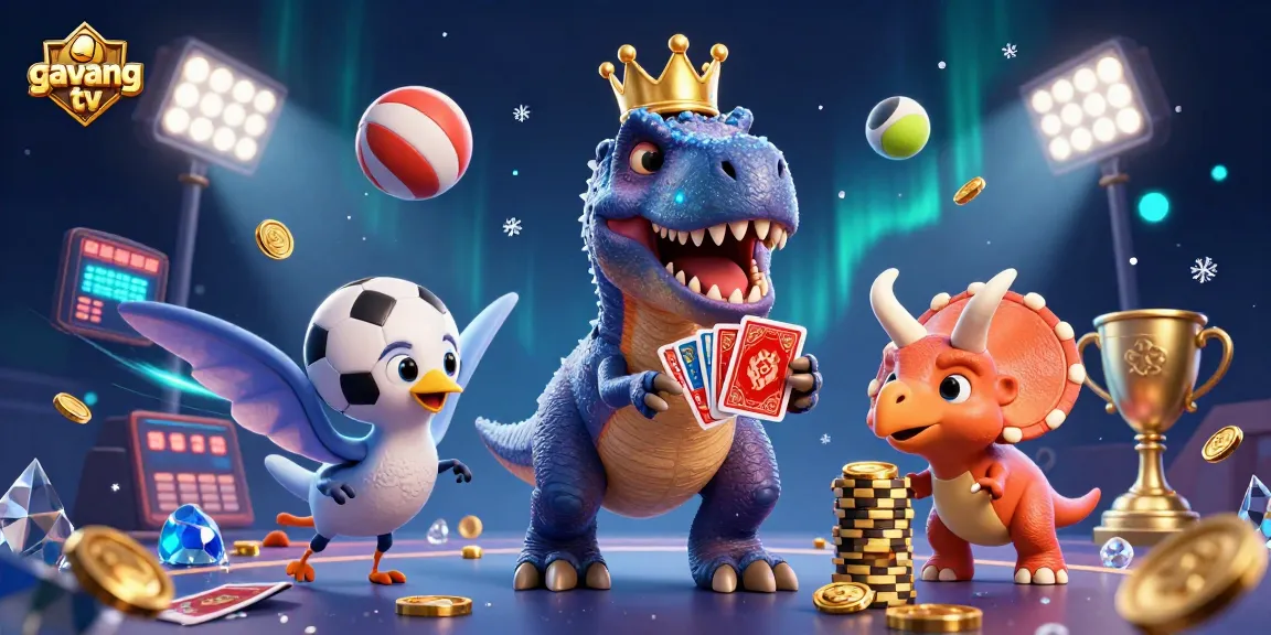 Engage with gavang tv, featuring a friendly T-Rex shuffling cards amid dynamic sports elements in a vibrant setting.