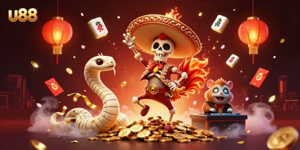 Engage with entertainment at U88 featuring a vibrant and festive skeleton mariachi rooster dancing atop gold coins.