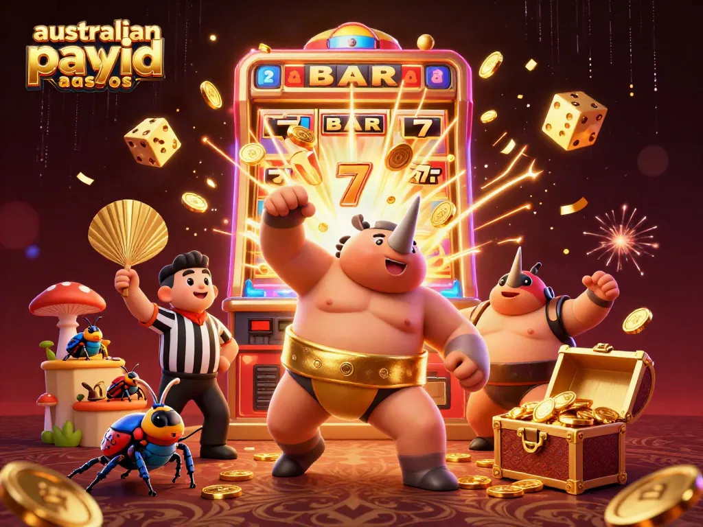 A vibrant scene showcasing australian payid casinos with a beetle sumo champion, golden coins, and slot machine excitement