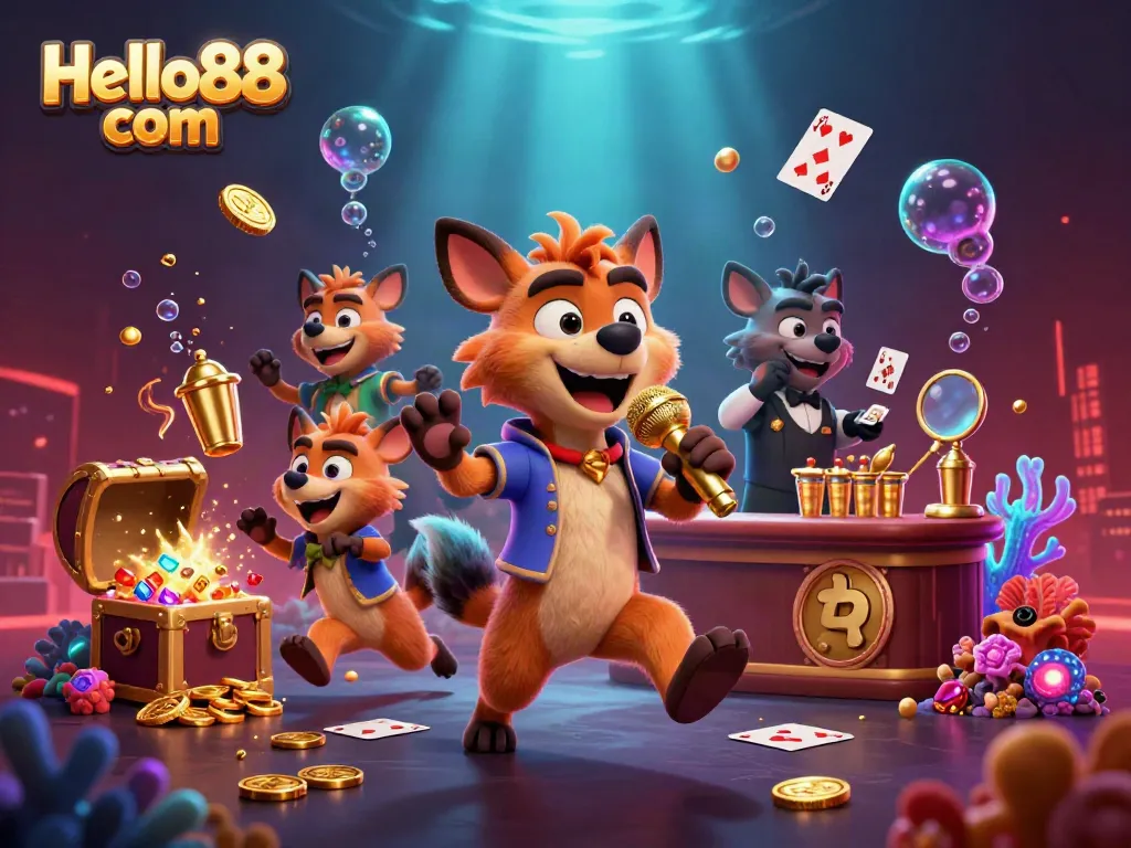 Join the fun at Hello88 com as hyenas perform comedy, mix drinks, and check IDs in a vibrant casino.