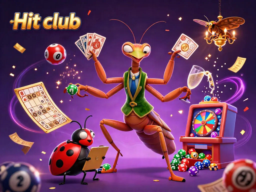 Join the excitement at Hit club with a vibrant scene featuring a card sharp and pit boss amidst colorful casino elements.