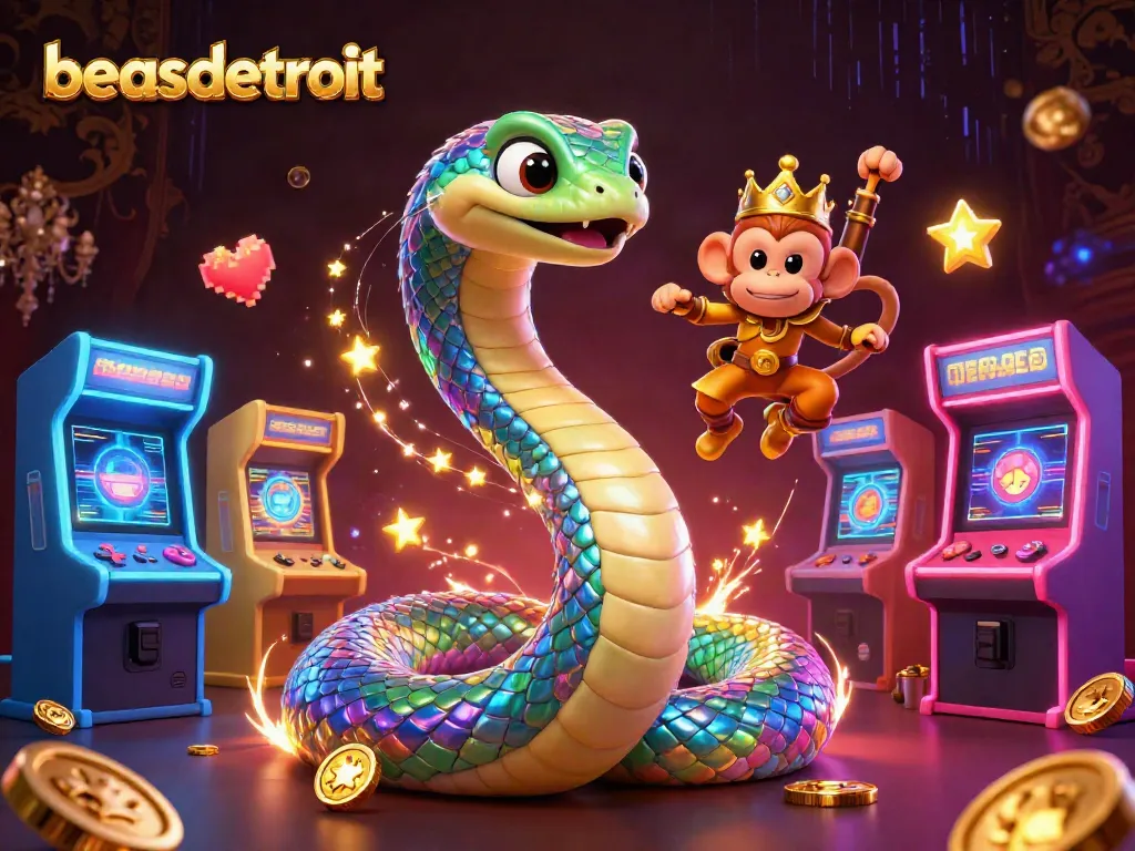 Experience beasdetroit’s vibrant gaming with a colorful serpent and monkey king in a rich casino scene.