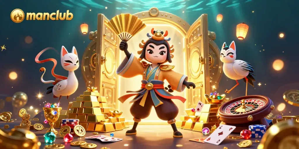 Experience the thrill of gaming with MANCLUB’s vibrant casino scene, featuring kabuki warriors and treasures.