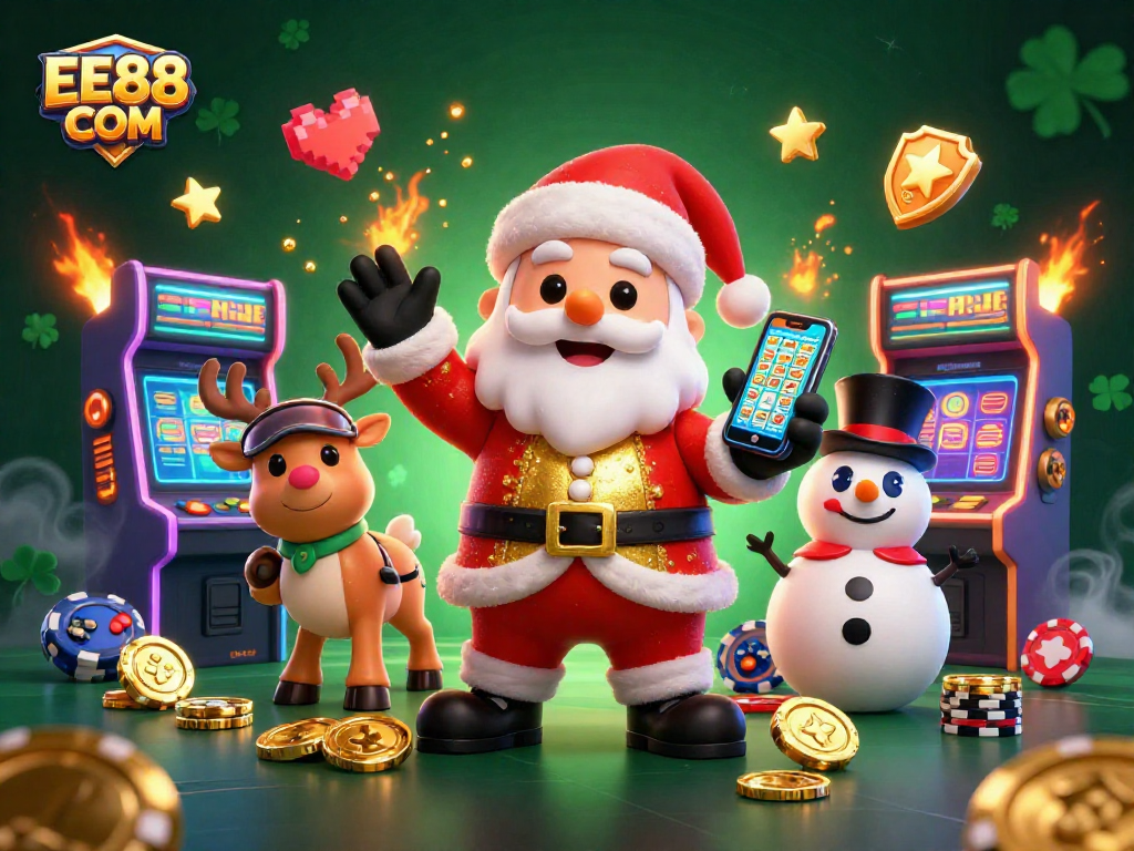 Explore the colorful casino scene showcasing EE88 COM with Santa, reindeer, and snowman in action.