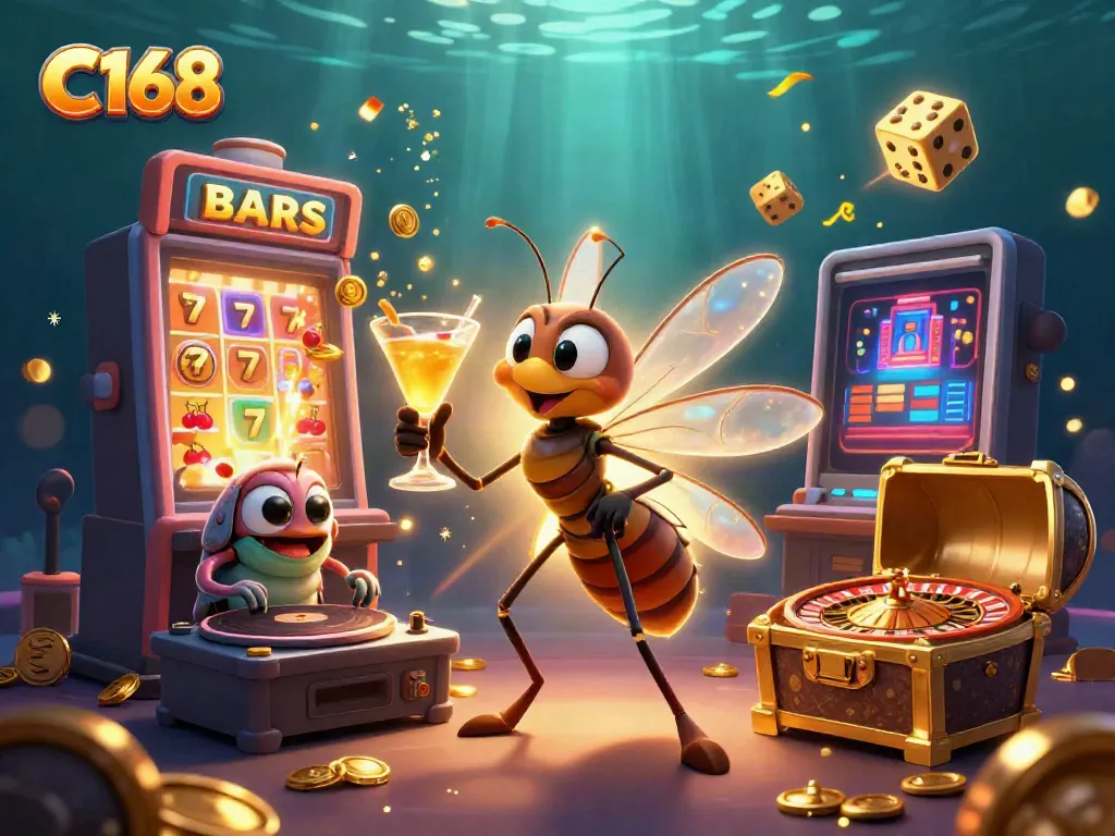 Experience the vibrant atmosphere of C168 with a lively casino mascot scene featuring slot machines and exciting gameplay.