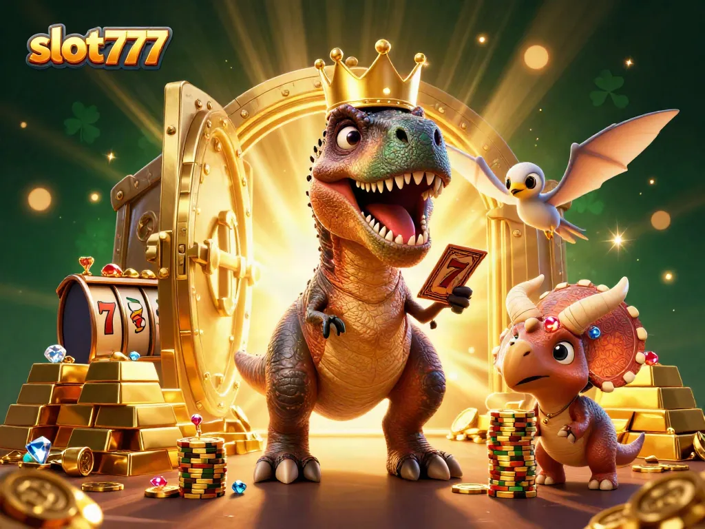 Spin to win with slot777 as T-Rex and friends celebrate in a vibrant casino scene.